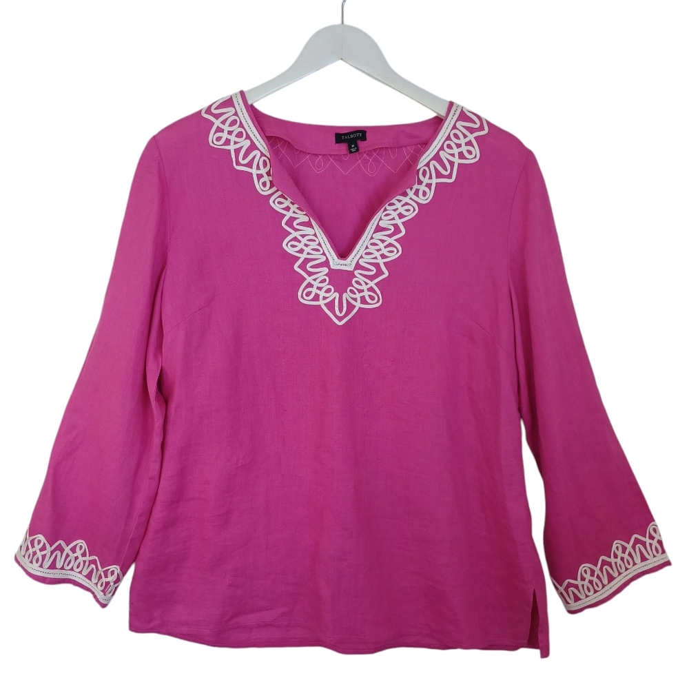 Talbots Tunic Embroidered Linen Fuchsia Pink Boho Top Womens Medium